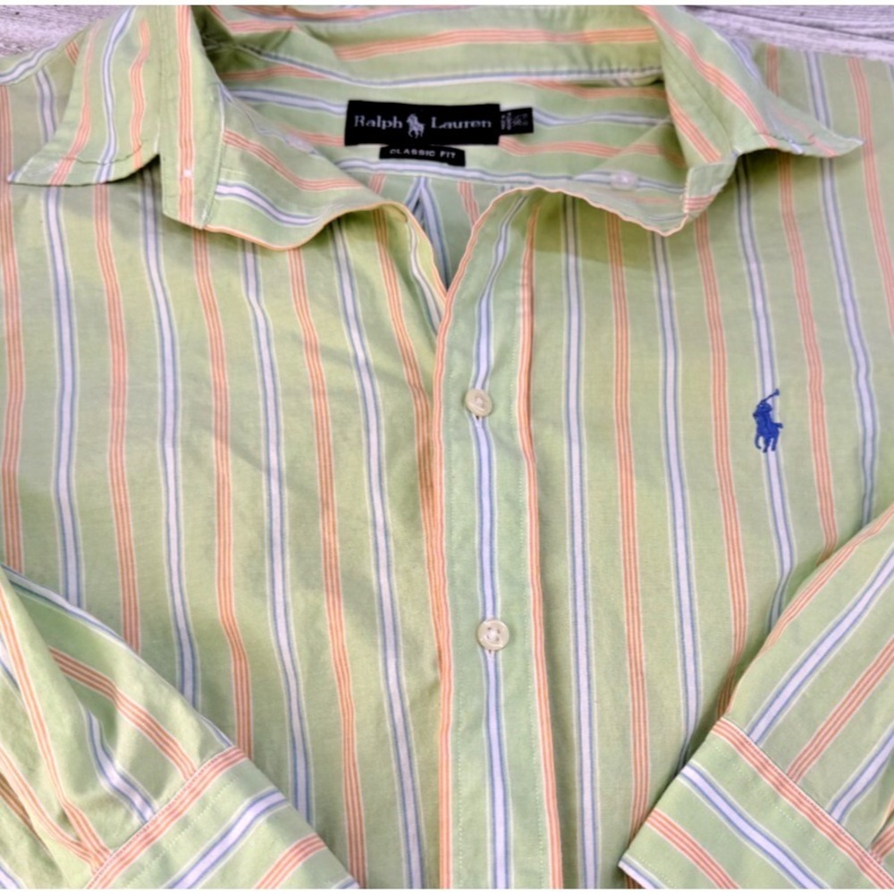 Ralph‎ Lauren Shirt Mens Green Orange Striped Classic Fit Long Sleeve 16.5 32/33